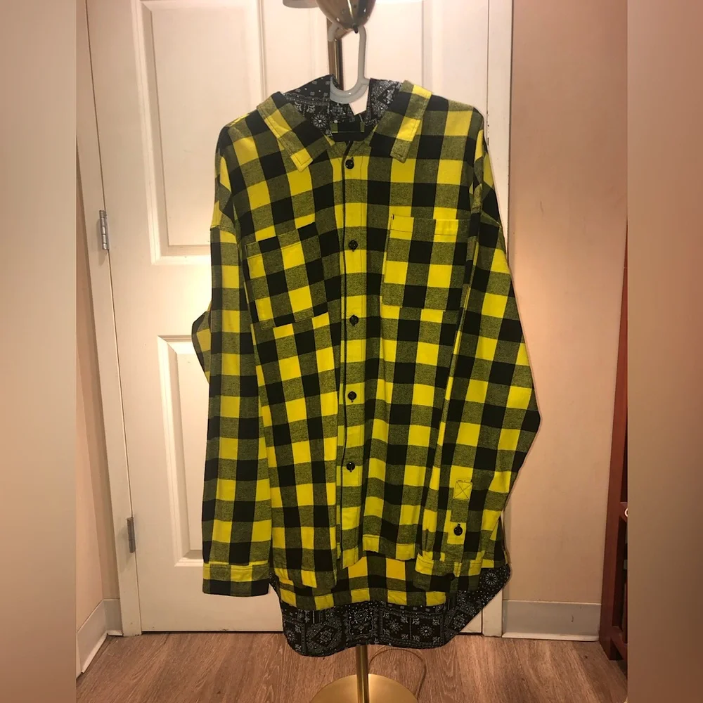 NWT Fashion Nova Plaid Double Layer Woven Hoodie Yellow/Combo - Picture 1 of 11